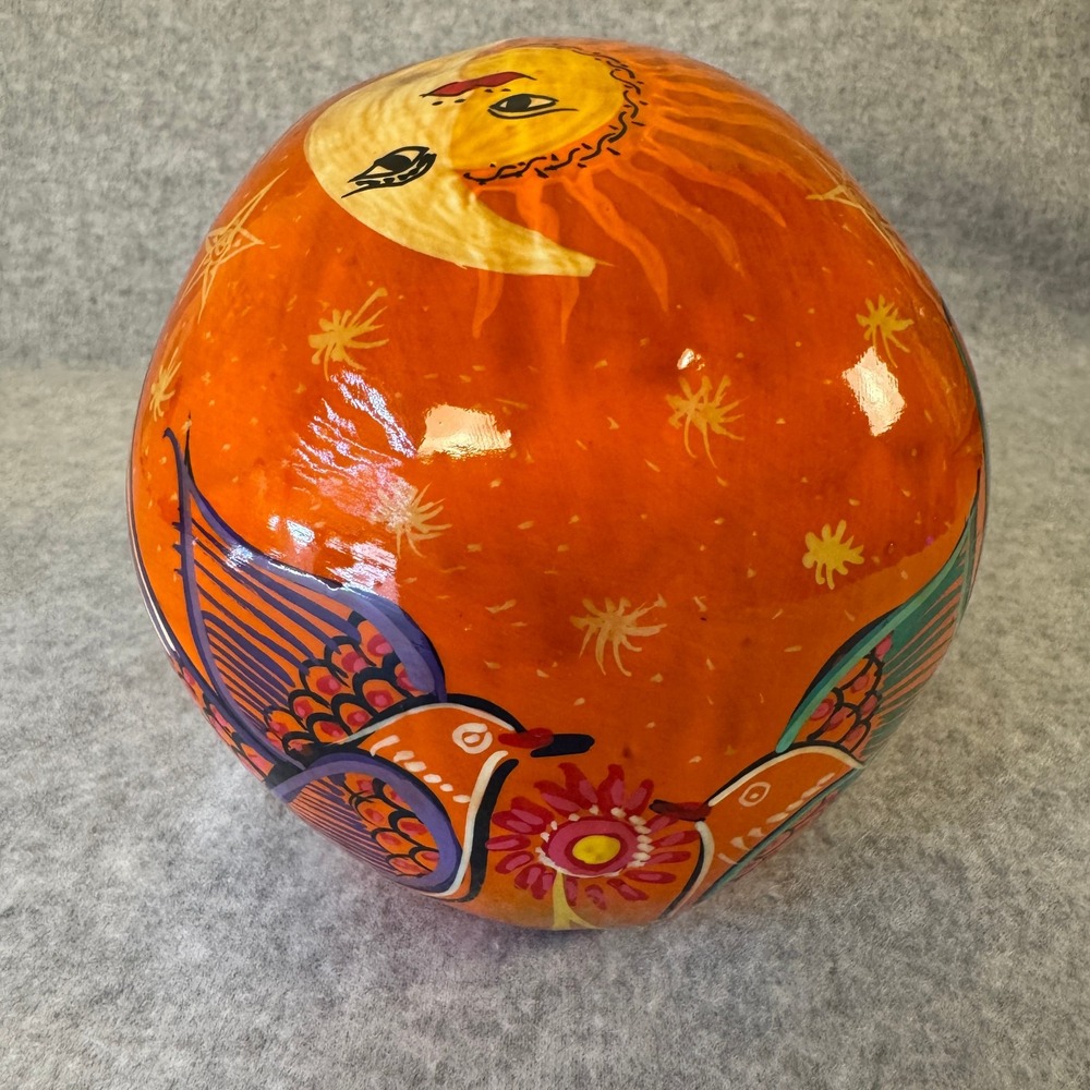 Hand Painted Day Of The Dead Orange White Green Yellow Skull Flowers Birds Stars - Picture 3 of 6